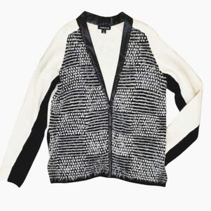 TROUVE White and black rabbit fur cardigan jacket. Faux leather trim. Size M